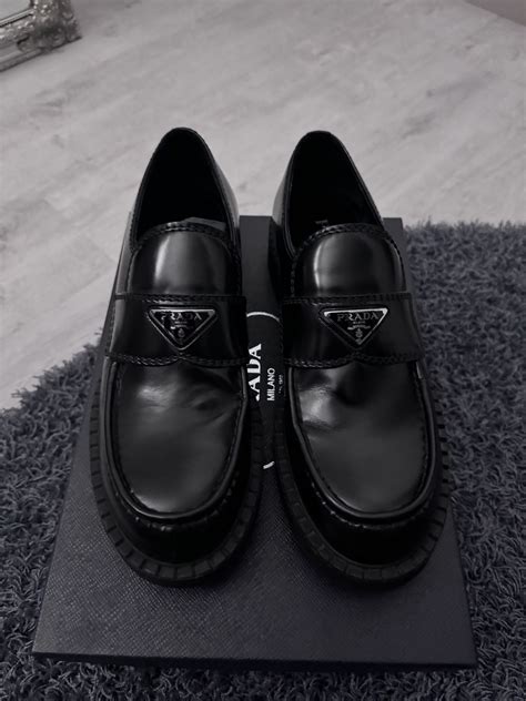 prada logo-plaque chunky heel loafers|prada penny loafers.